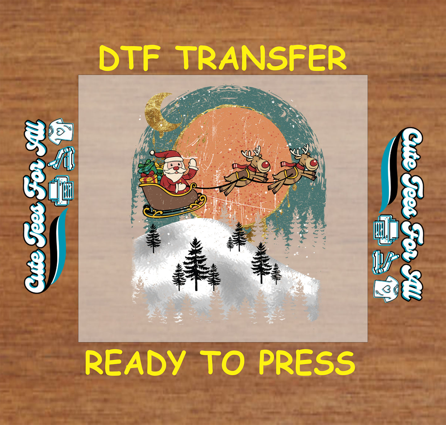 christmas dtf transfer with santa sleigh reindeer and pine trees ready to press iron on heat transfer for diy shirts