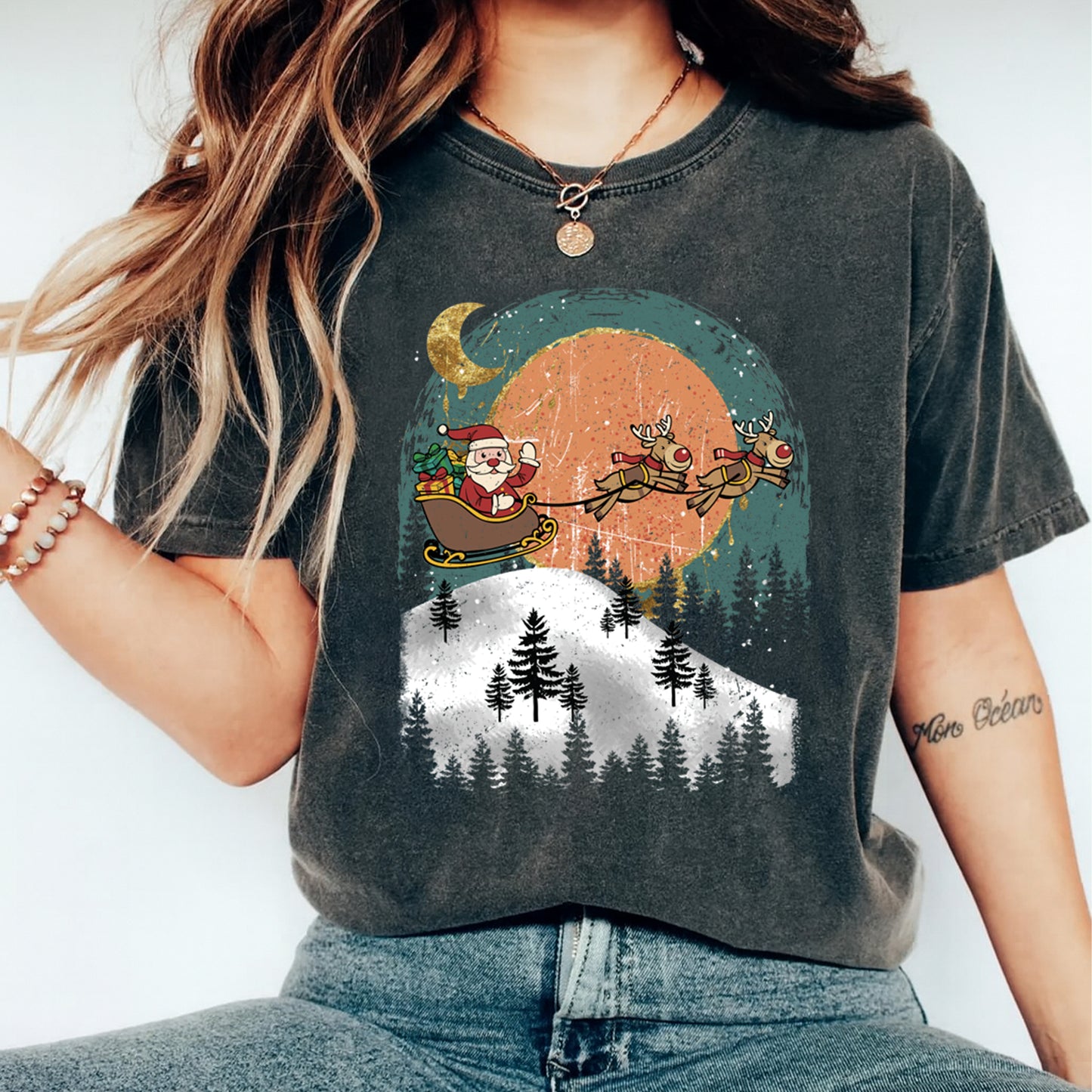 Christmas DTF Transfer – Santa Sleigh with Reindeer Over Winter Trees Ready to Press Iron On Heat Transfer for DIY Shirts 11923