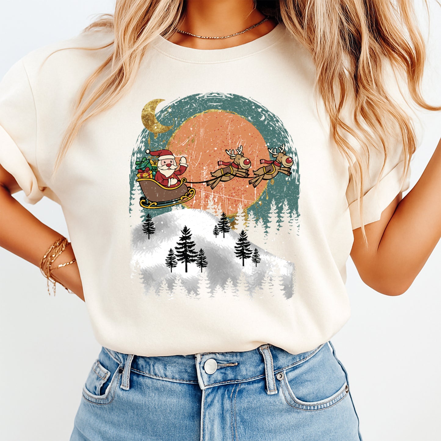 Christmas DTF Transfer – Santa Sleigh with Reindeer Over Winter Trees Ready to Press Iron On Heat Transfer for DIY Shirts 11923