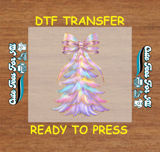 pastel christmas tree dtf transfer with iridescent bow ready to press iron on heat transfer for diy shirts
