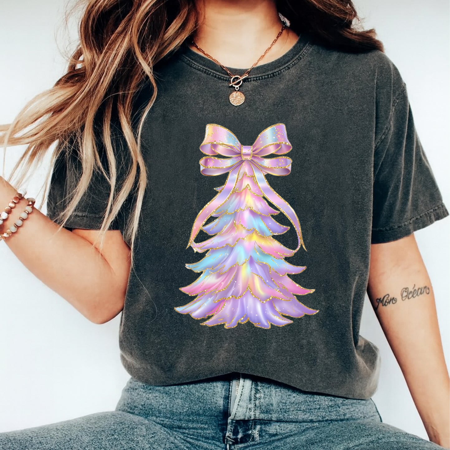 Christmas DTF Transfer – Iridescent Pastel Tree with Bow Ready to Press Iron On Heat Transfer for DIY Shirts 11924