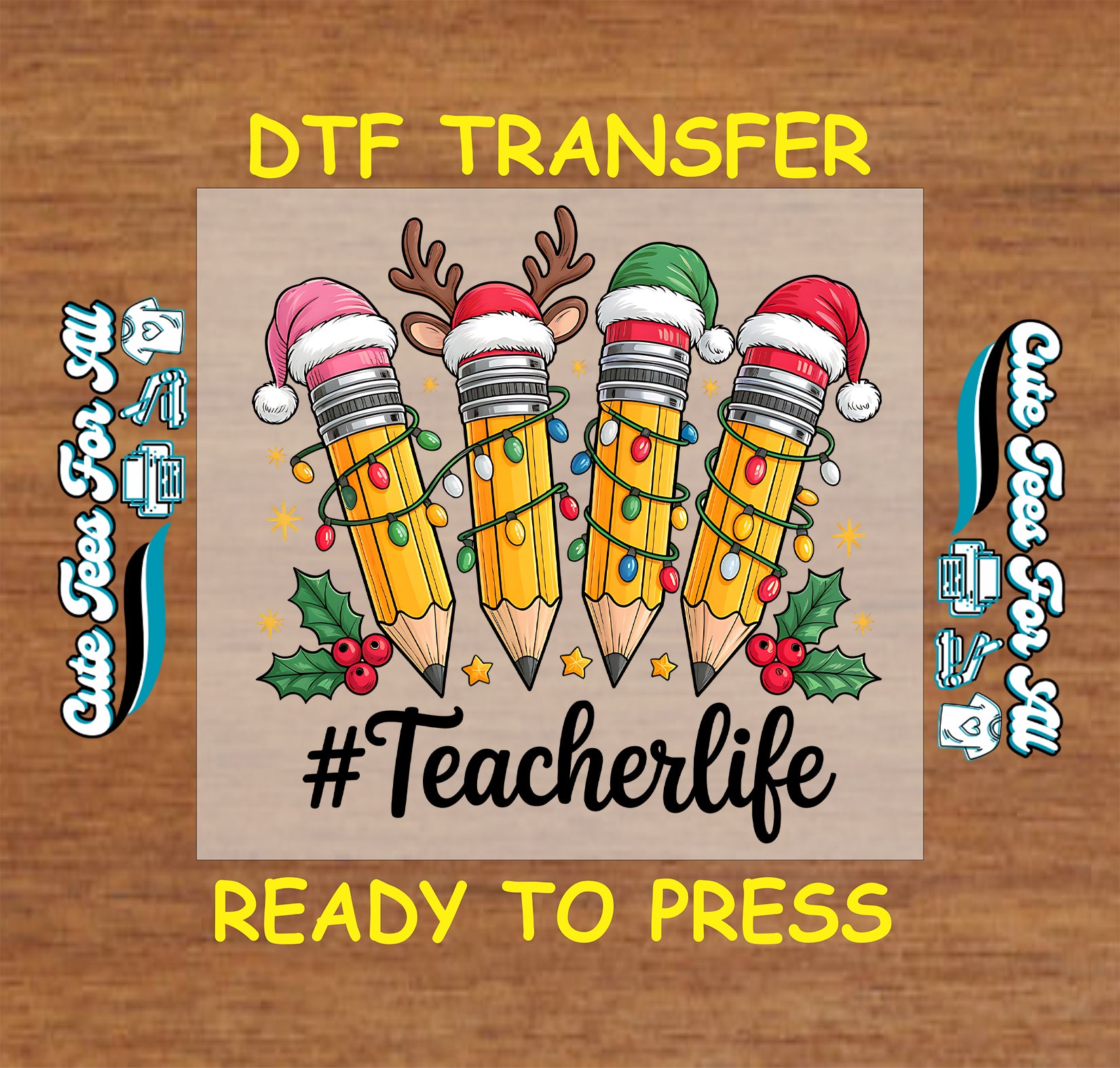 teacher christmas dtf transfer pencils santa hats christmas lights ready to press iron on heat transfer for diy shirts