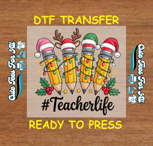 teacher christmas dtf transfer pencils santa hats christmas lights ready to press iron on heat transfer for diy shirts