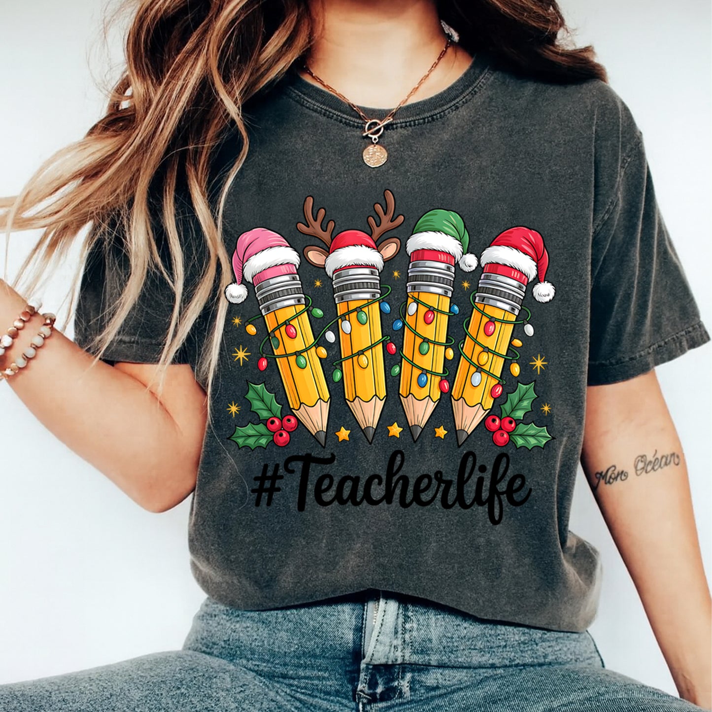 Teacher Christmas DTF Transfer – Pencils with Santa Hats and Lights Ready to Press Iron On Heat Transfer for DIY Shirts 11925