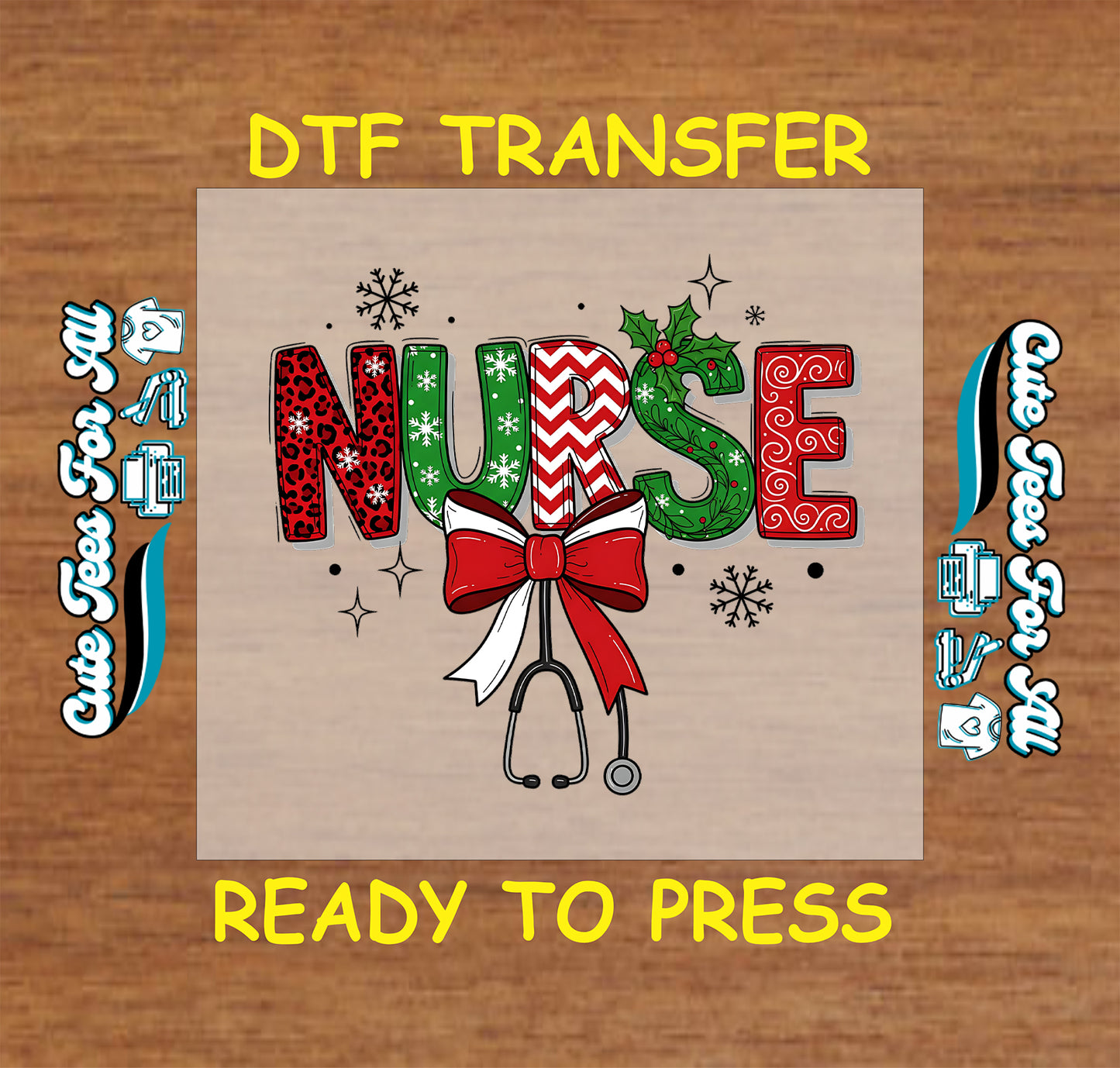 nurse christmas dtf transfer with bow stethoscope and festive letters ready to press iron on heat transfer for diy shirts
