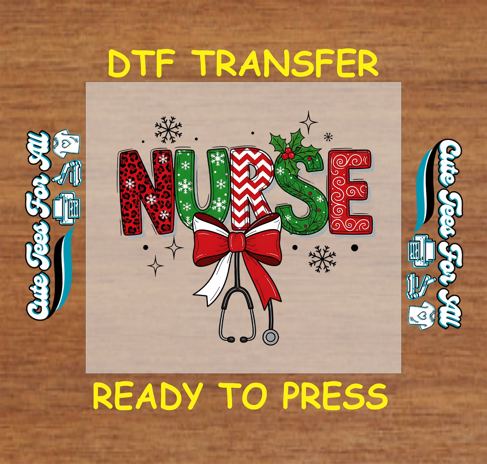 nurse christmas dtf transfer with bow stethoscope and festive letters ready to press iron on heat transfer for diy shirts
