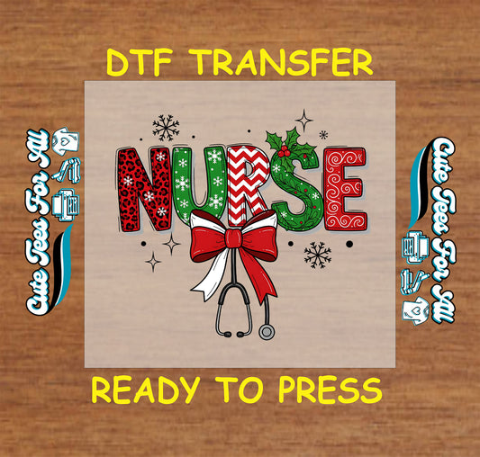 nurse christmas dtf transfer with bow stethoscope and festive letters ready to press iron on heat transfer for diy shirts