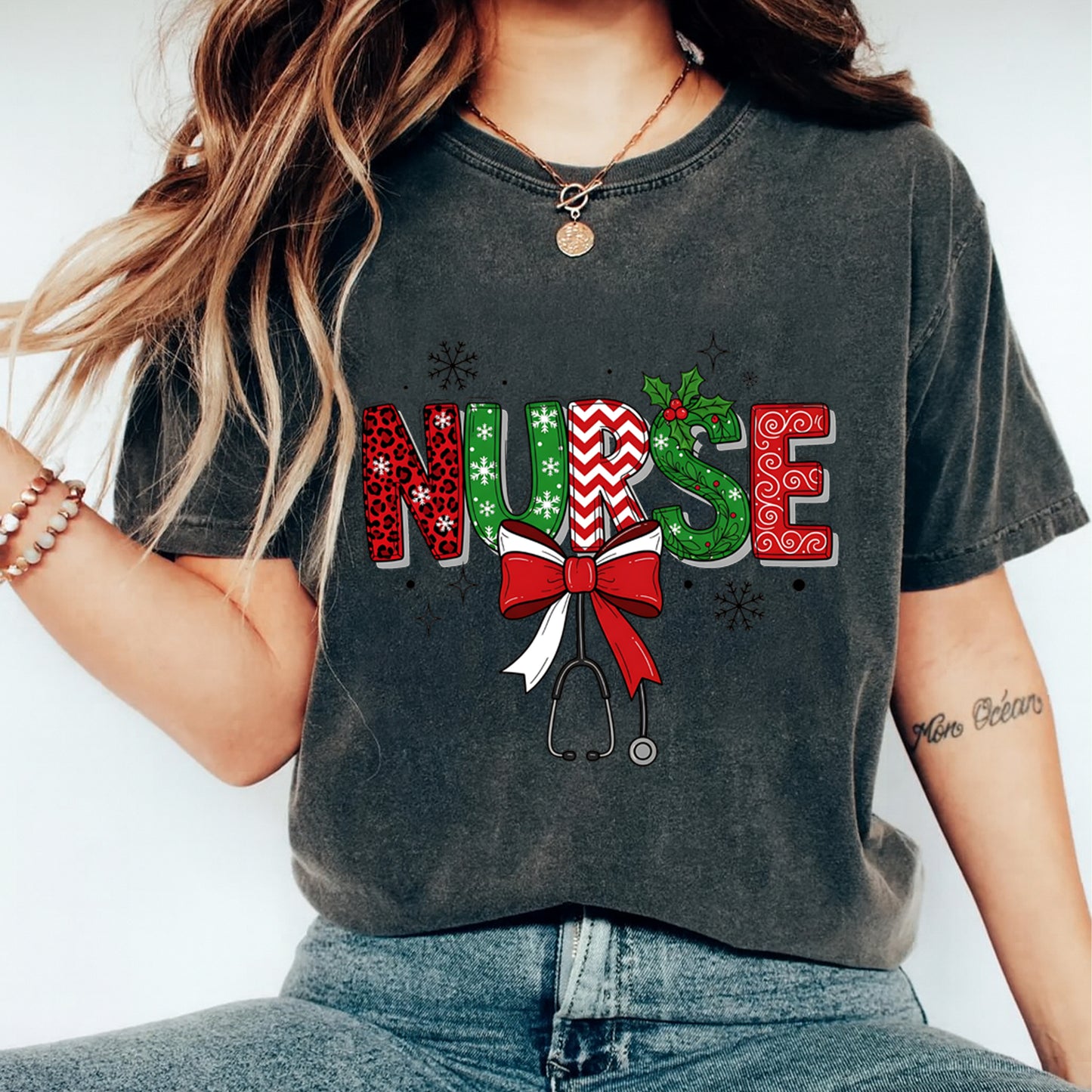 Nurse Christmas DTF Transfer – Holiday Letters with Bow and Stethoscope Ready to Press Iron On Heat Transfer for DIY Shirts 11926