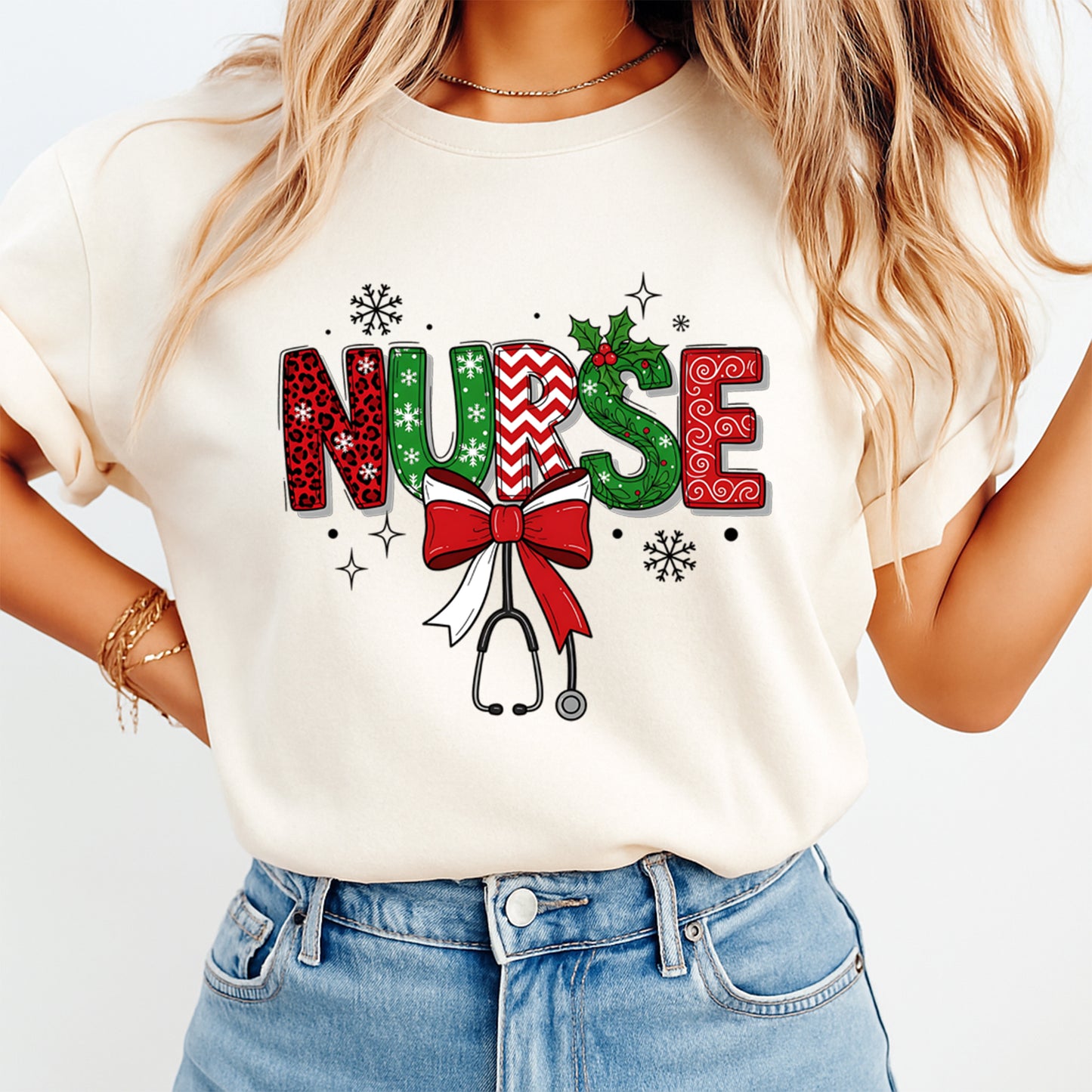 Nurse Christmas DTF Transfer – Holiday Letters with Bow and Stethoscope Ready to Press Iron On Heat Transfer for DIY Shirts 11926