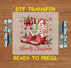 Western Christmas DTF Transfer – Howdy Christmas Boots with Holly and Bow Ready to Press Iron On Heat Transfer for DIY Shirts 11927