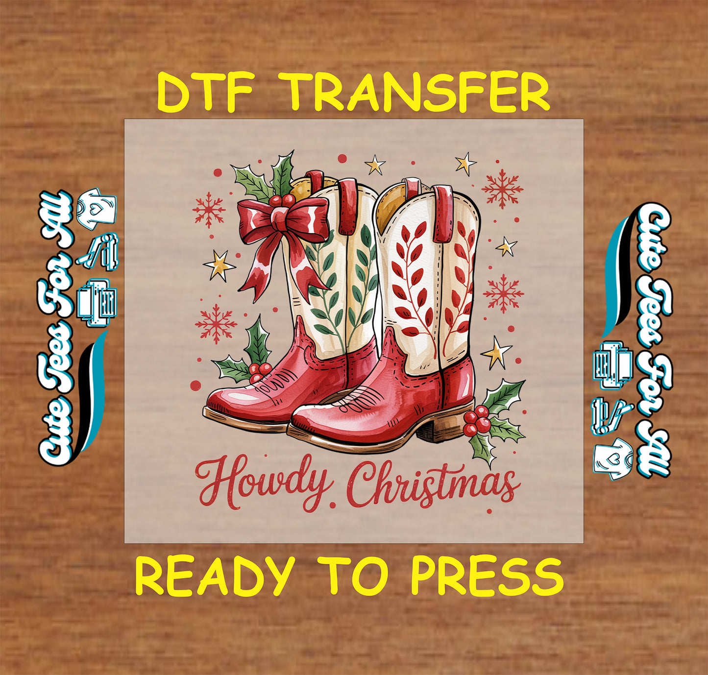 western christmas dtf transfer red cowboy boots with holly bow and howdy christmas text ready to press iron on heat transfer for diy shirts