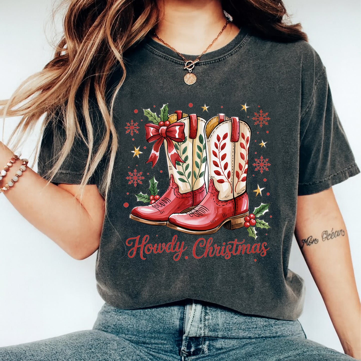 Western Christmas DTF Transfer – Howdy Christmas Boots with Holly and Bow Ready to Press Iron On Heat Transfer for DIY Shirts 11927