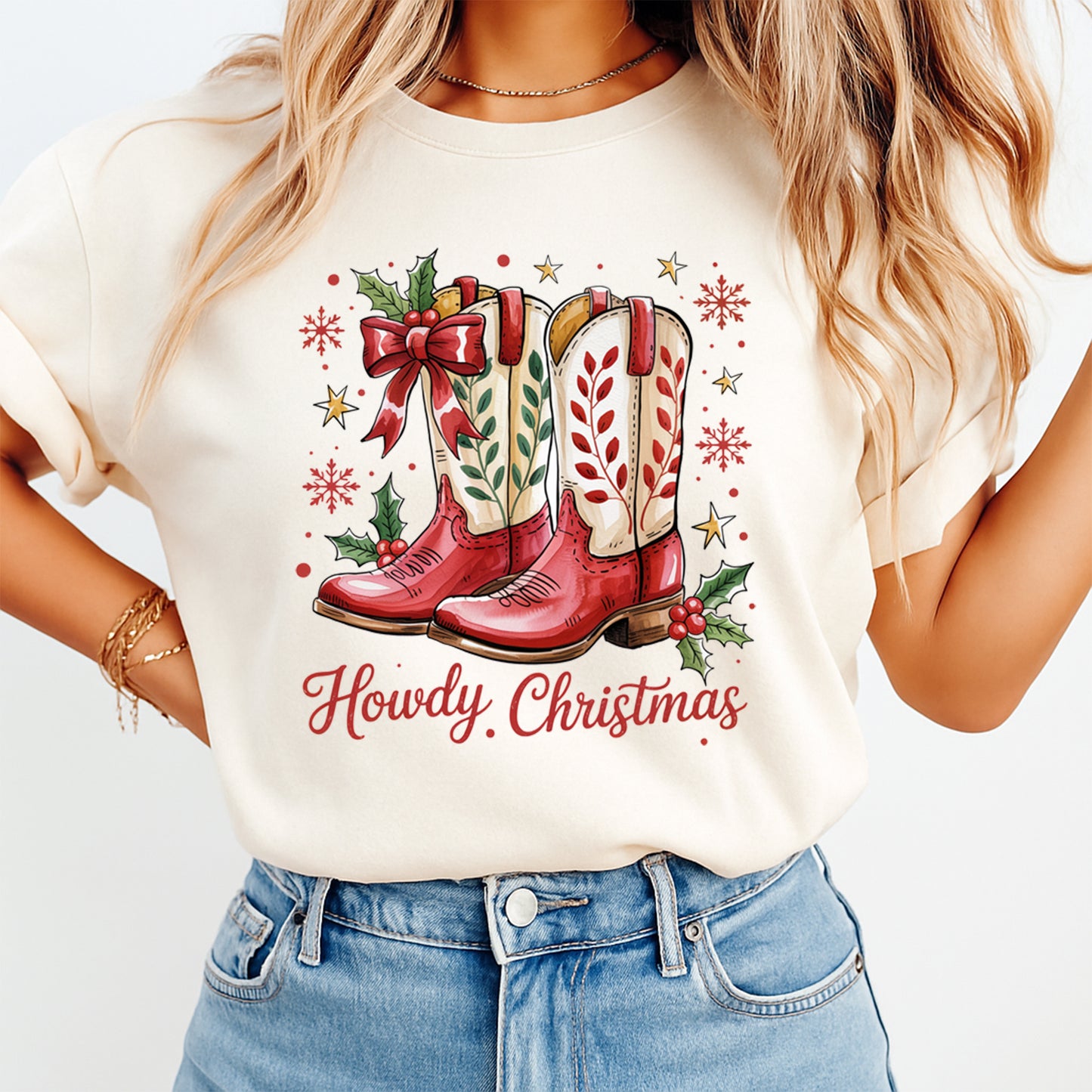 Western Christmas DTF Transfer – Howdy Christmas Boots with Holly and Bow Ready to Press Iron On Heat Transfer for DIY Shirts 11927