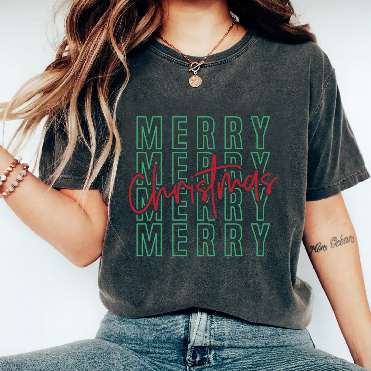 Christmas DTF Transfer – Merry Merry Red and Green Typography Ready to Press Iron On Heat Transfer for DIY Shirts 11929