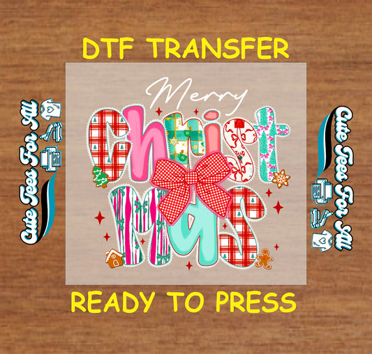 christmas dtf transfer patchwork merry christmas letters with red bow ready to press iron on heat transfer for diy shirts