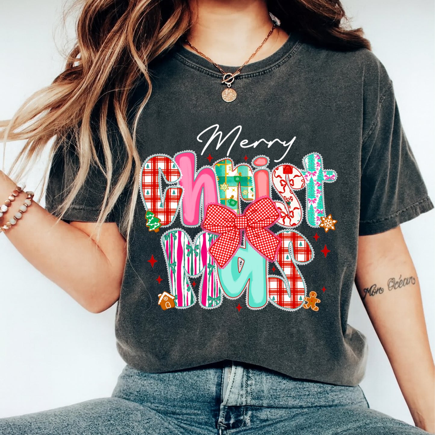 Christmas DTF Transfer – Patchwork Merry Christmas with Bow and Patterns Ready to Press Iron On Heat Transfer for DIY Shirts 11930