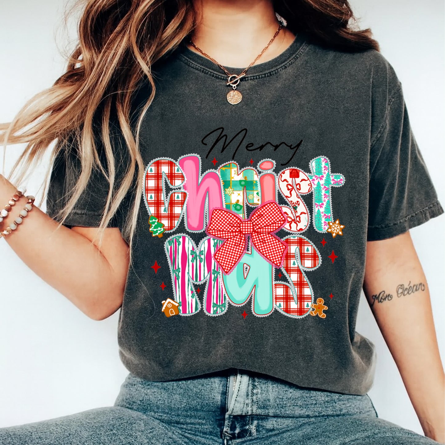 Christmas Patchwork Letters and Bow DTF Transfer – Ready to Press Iron On Heat Transfer for DIY Shirts 11931