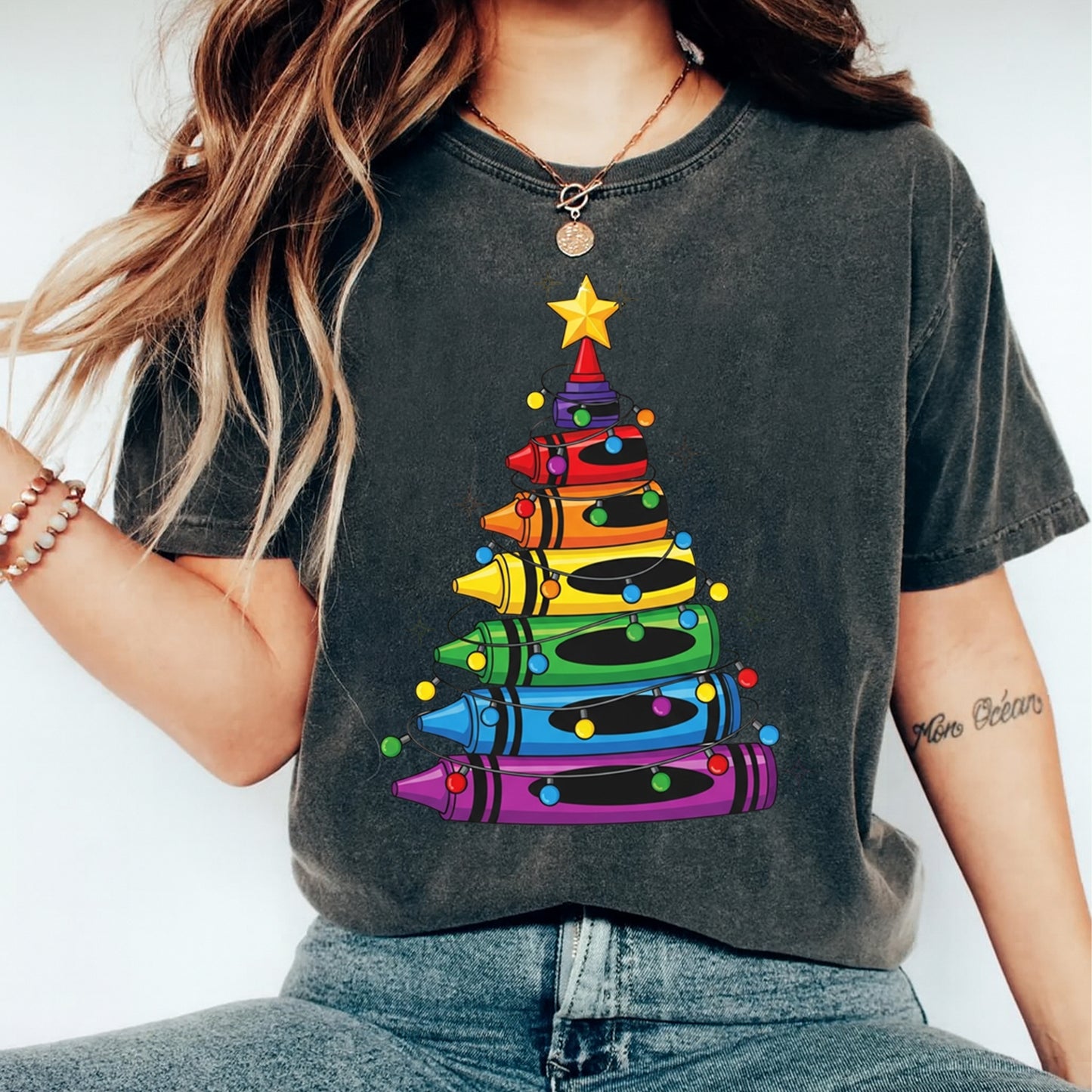 Christmas Crayon Tree DTF Transfer – Ready to Press Iron On Heat Transfer for DIY Shirts 11932