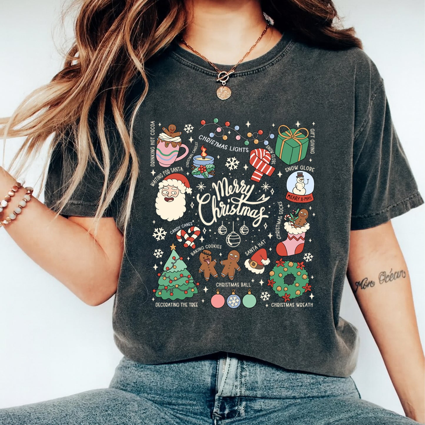 Christmas Icons & Merry Lettering DTF Transfer – Ready to Press Iron On Heat Transfer for DIY Shirts 11933