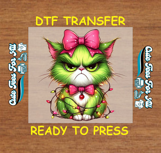 grumpy green christmas cat with pink bows and lights ready to press dtf iron on heat transfer for diy shirts 11934