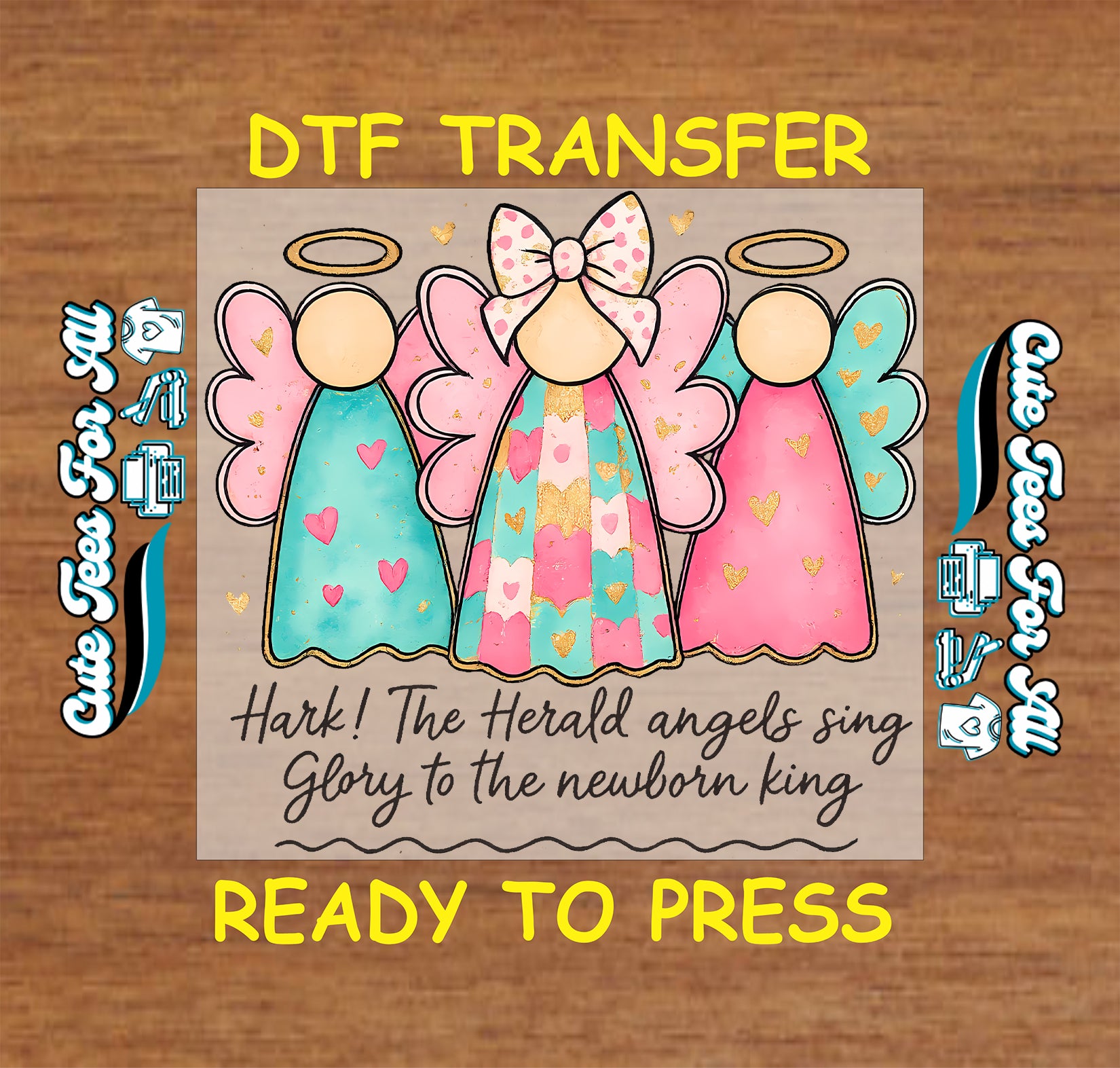 pastel christmas angel trio with hearts and bow ready to press dtf iron on heat transfer for diy shirts 11935