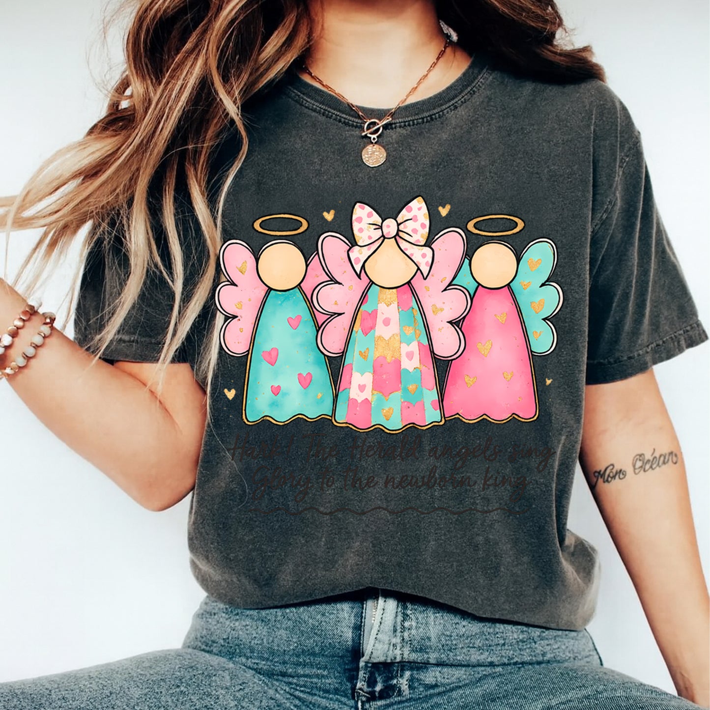 Christmas Angel Trio Pastel Hearts DTF Transfer – Ready to Press Iron On Heat Transfer for DIY Shirts 11935