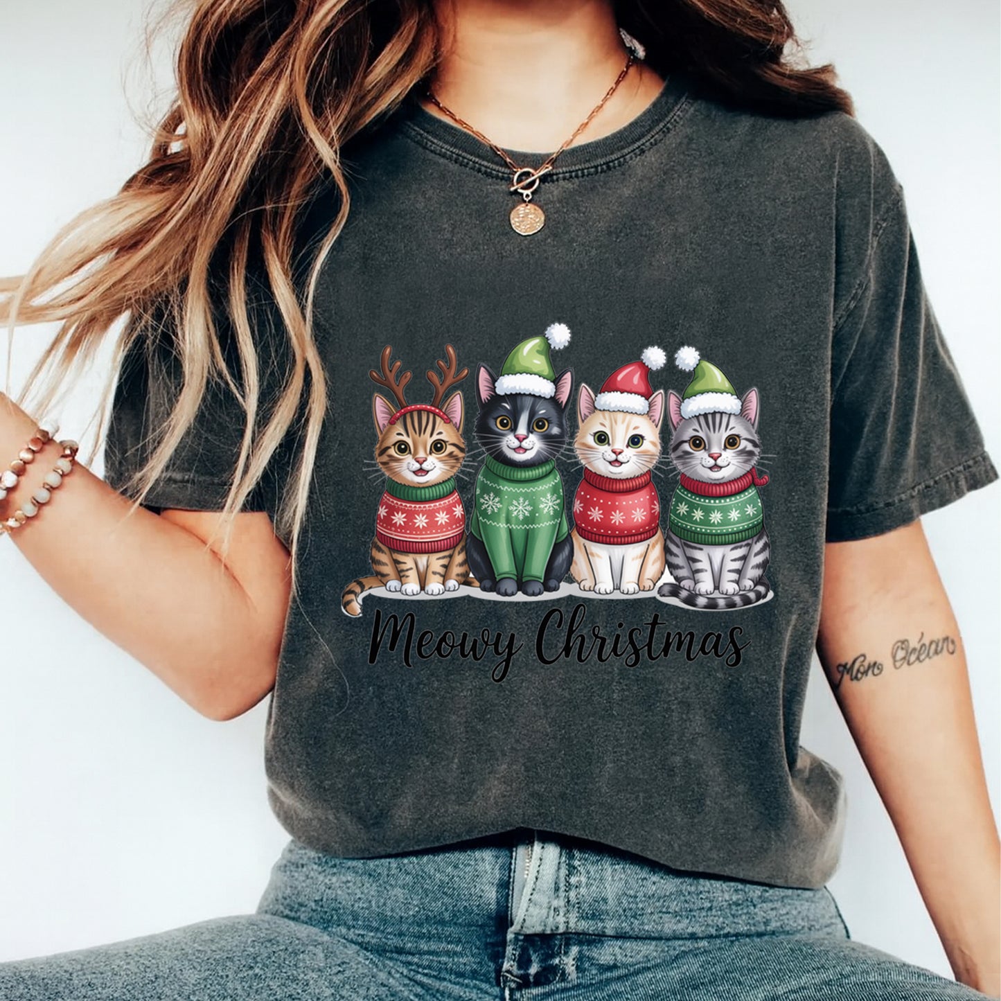 Christmas Cat Quartet Sweaters DTF Transfer – Ready to Press Iron On Heat Transfer for DIY Shirts 11936