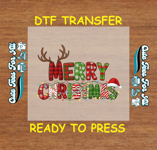 merry christmas patchwork letters with lights antlers and santa hat ready to press dtf iron on heat transfer for diy shirts 11937