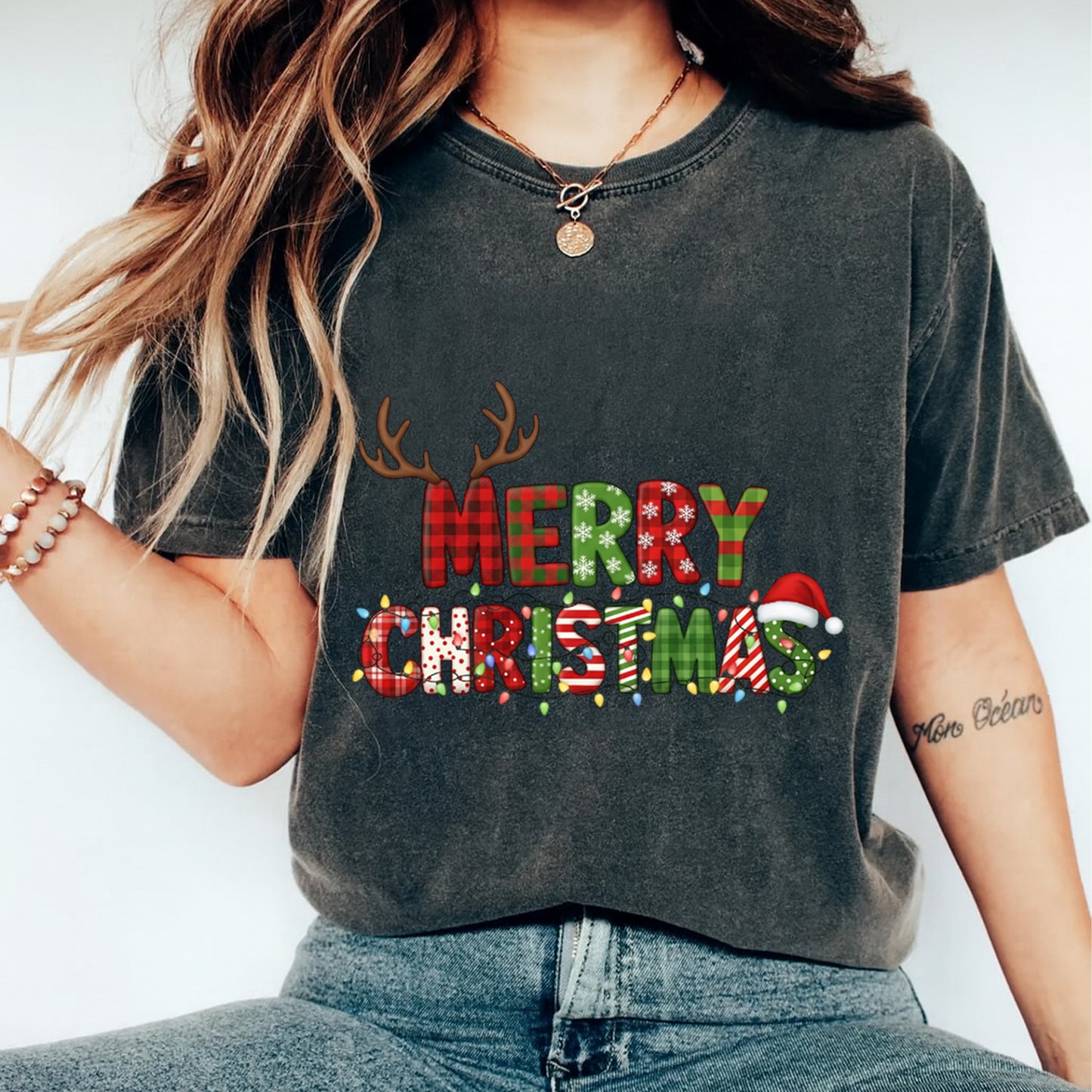 Christmas Patchwork Lights Lettering DTF Transfer – Ready to Press Iron On Heat Transfer for DIY Shirts 11937