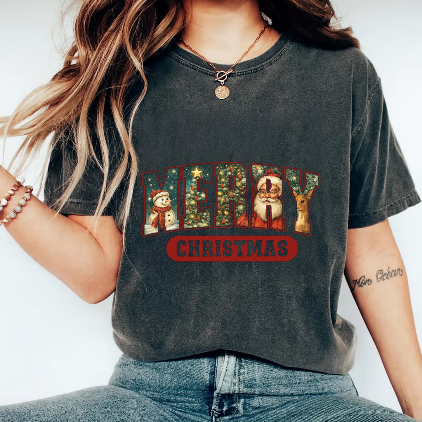 Christmas Retro Merry Letters DTF Transfer – Ready to Press Iron On Heat Transfer for DIY Shirts 11939