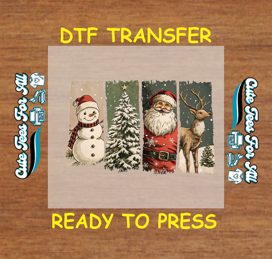 retro christmas panel snowman tree santa reindeer ready to press dtf iron on heat transfer for diy shirts 11940