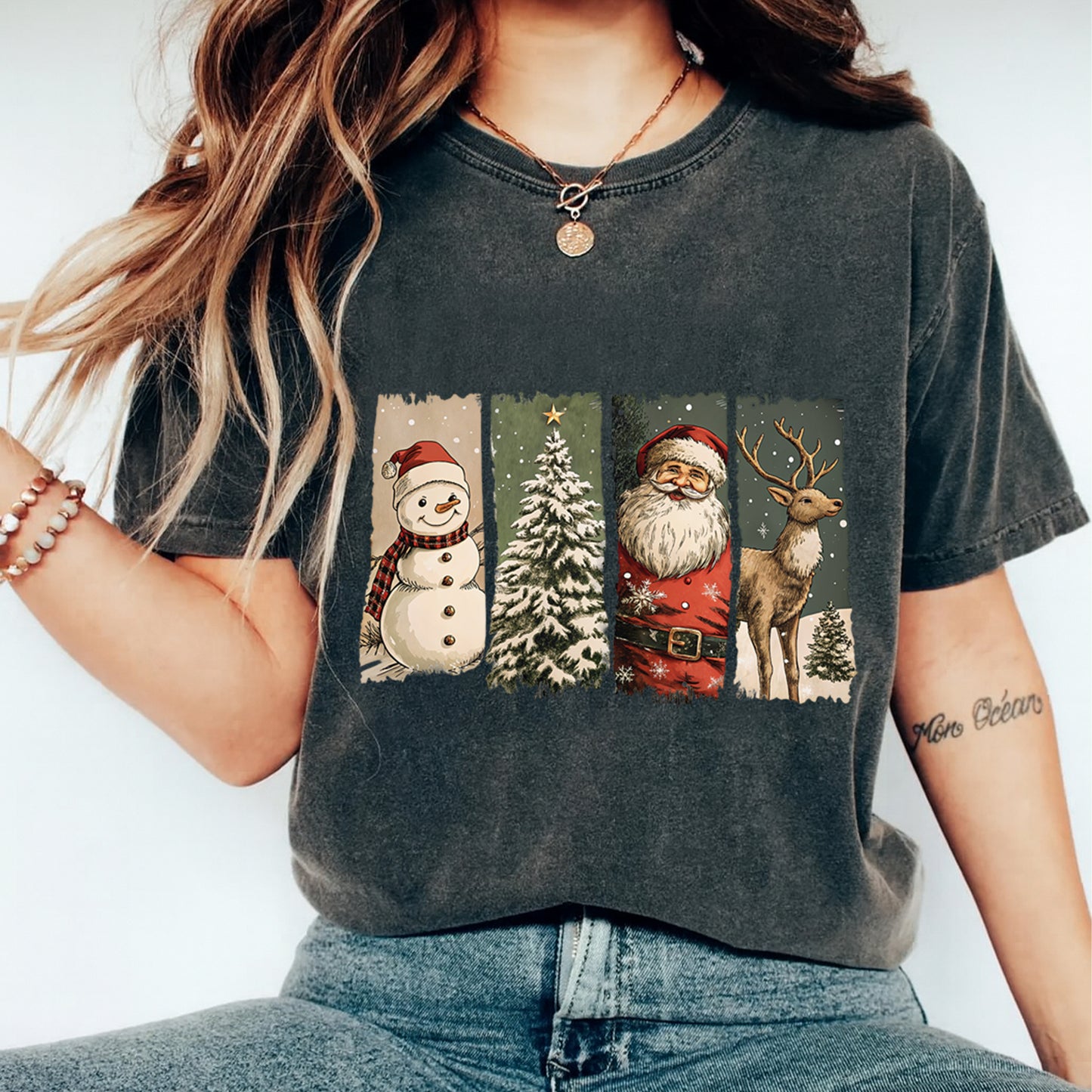 Christmas Retro Panel Snowman Tree Santa DTF Transfer – Ready to Press Iron On Heat Transfer for DIY Shirts 11940