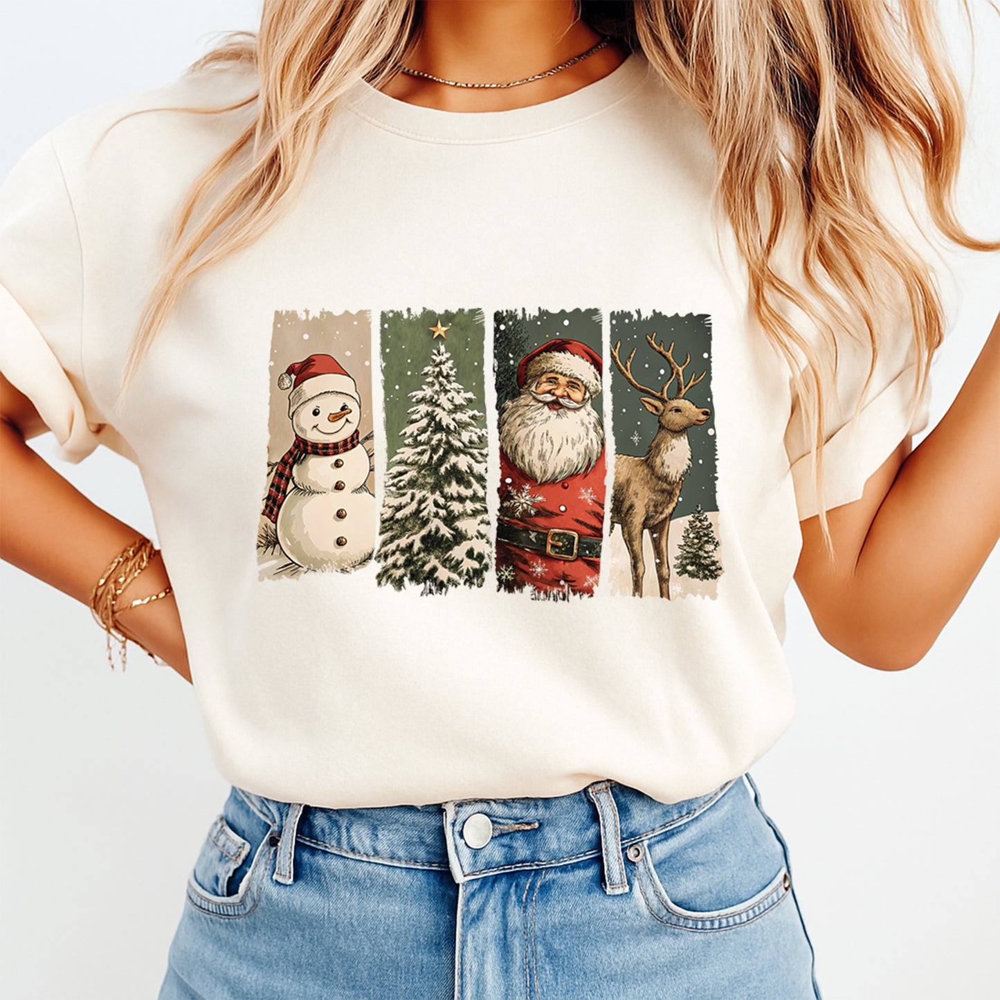 Christmas Retro Panel Snowman Tree Santa DTF Transfer – Ready to Press Iron On Heat Transfer for DIY Shirts 11940