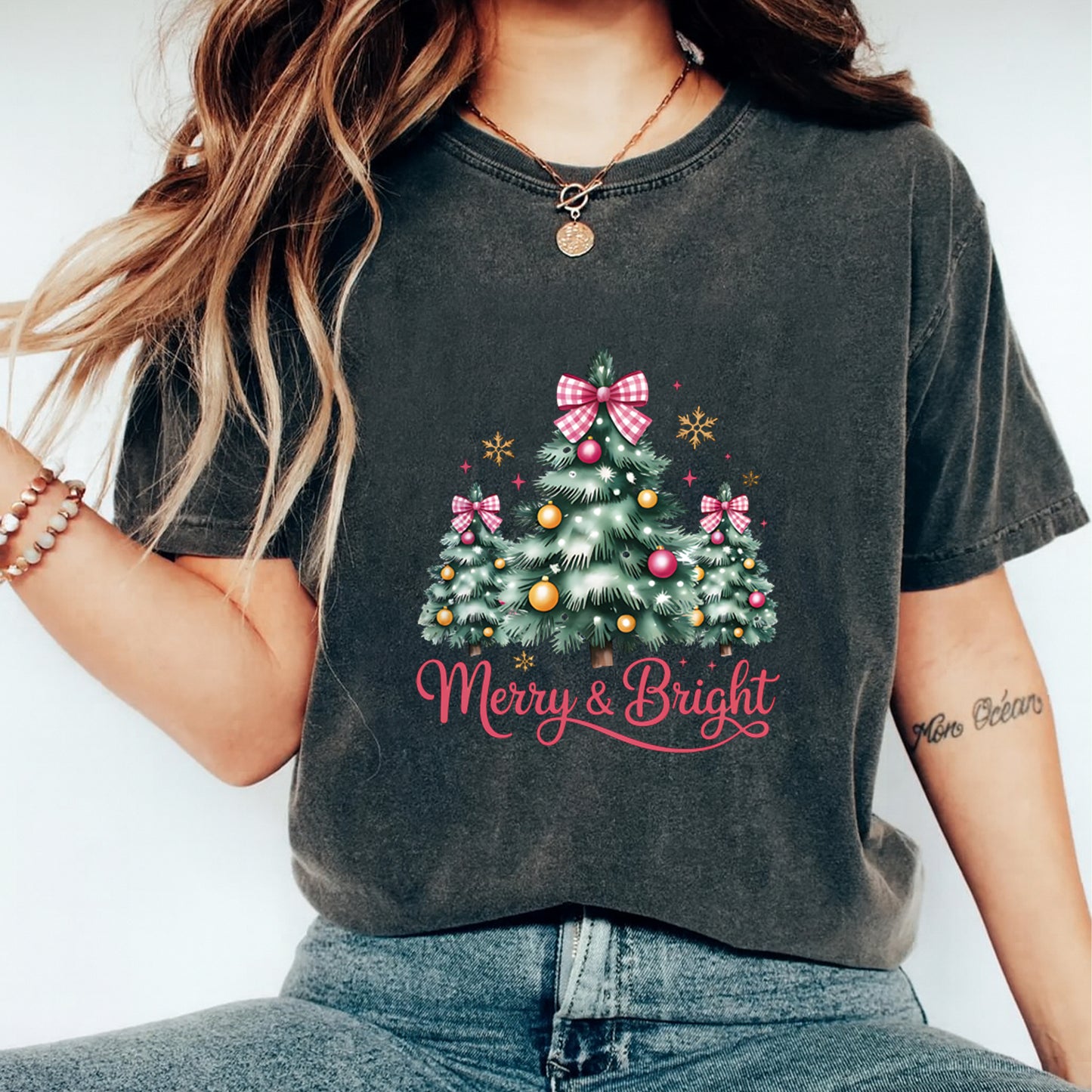 Christmas Tree Trio Pink Bows DTF Transfer – Ready to Press Iron On Heat Transfer for DIY Shirts 11943