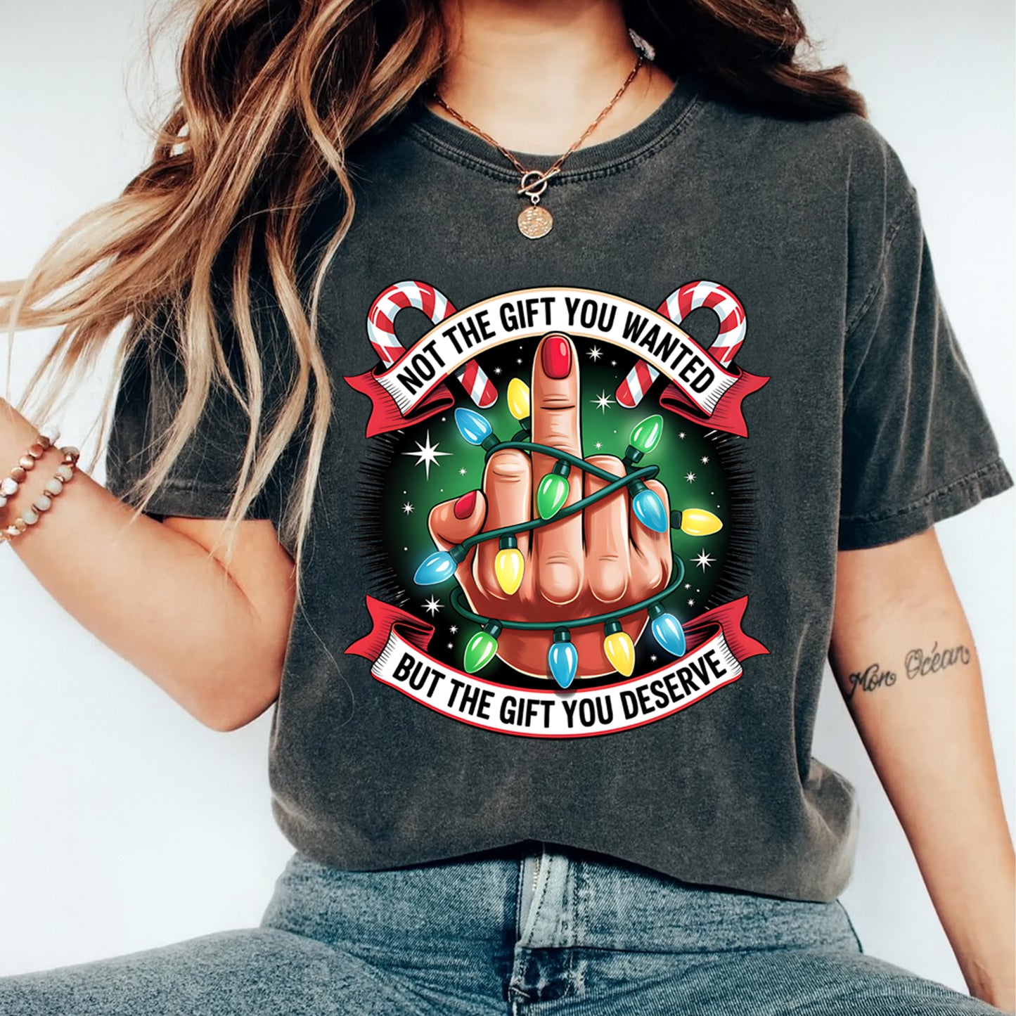 Christmas Middle Finger Lights DTF Transfer – Ready to Press Iron On Heat Transfer for DIY Shirts 11944
