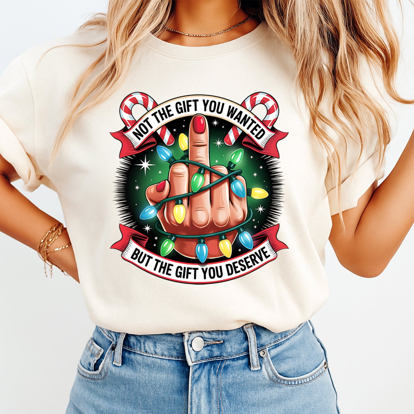 Christmas Middle Finger Lights DTF Transfer – Ready to Press Iron On Heat Transfer for DIY Shirts 11944