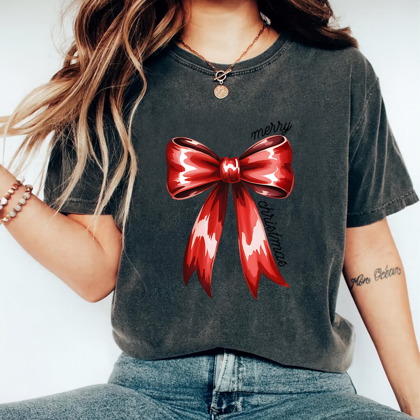 Christmas Red Bow Script DTF Transfer – Ready to Press Iron On Heat Transfer for DIY Shirts 11946