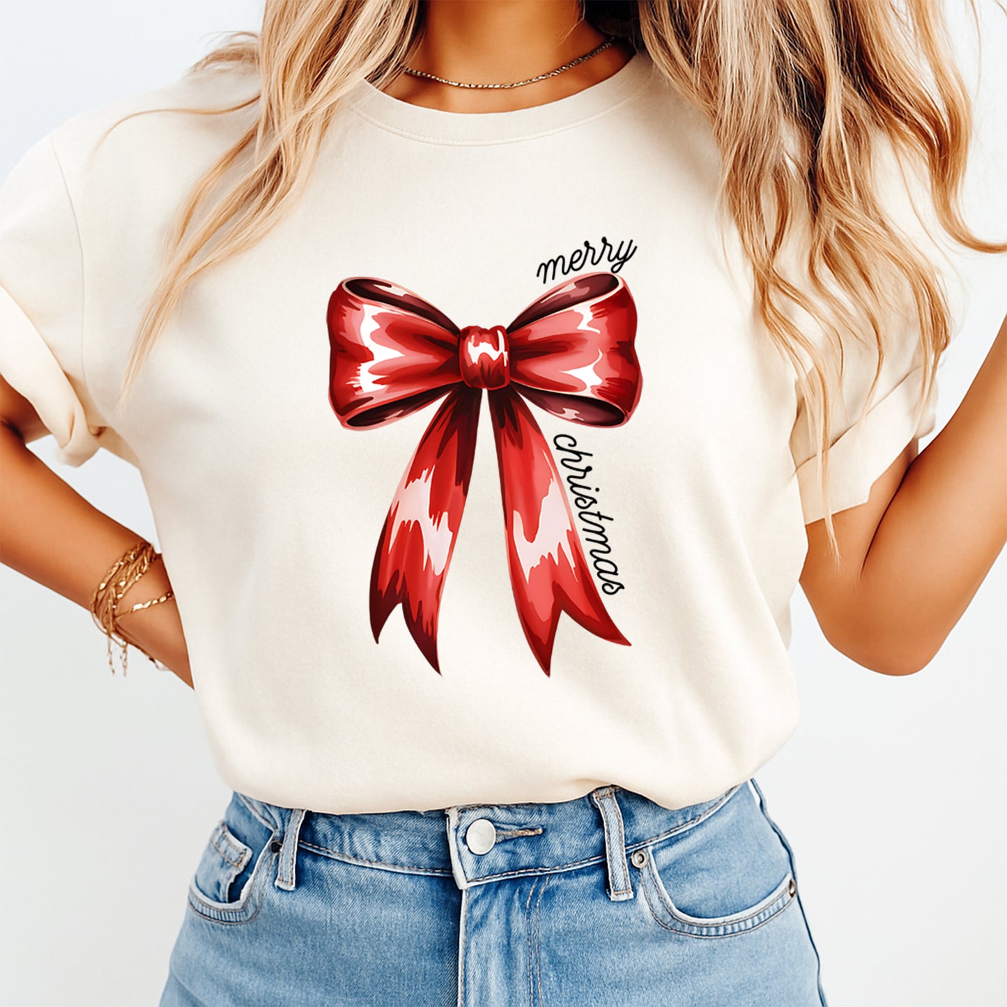 Christmas Red Bow Script DTF Transfer – Ready to Press Iron On Heat Transfer for DIY Shirts 11946