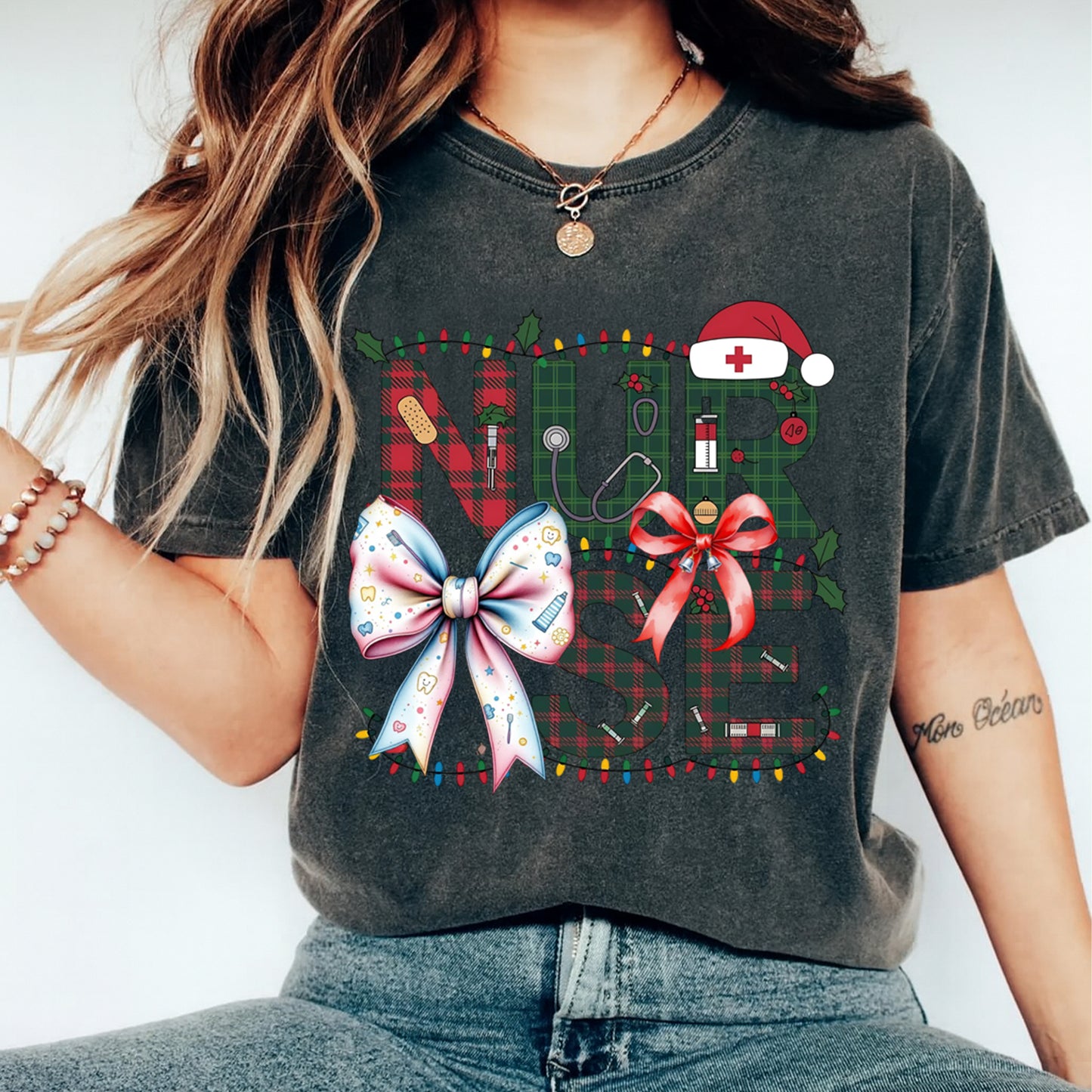 Christmas Nurse Plaid Letters DTF Transfer – Ready to Press Iron On Heat Transfer for DIY Shirts 11947