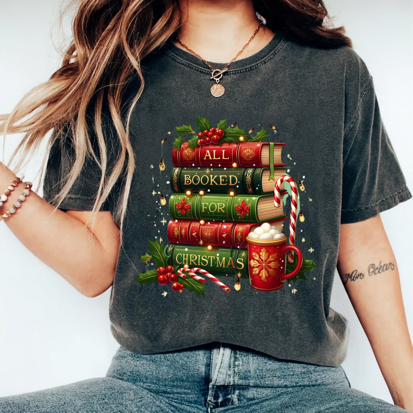 Christmas Book Lover Stacked Books DTF Transfer – Ready to Press Iron On Heat Transfer for DIY Shirts 11948