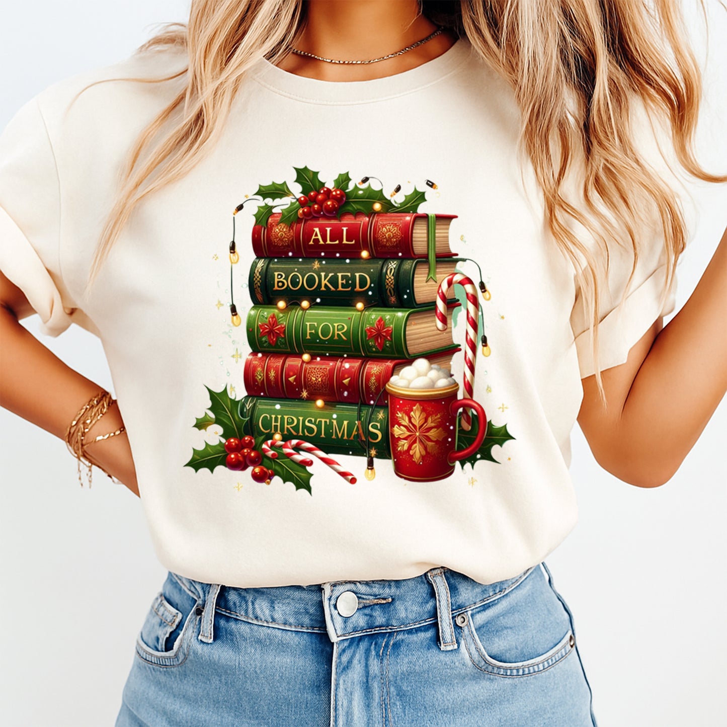 Christmas Book Lover Stacked Books DTF Transfer – Ready to Press Iron On Heat Transfer for DIY Shirts 11948