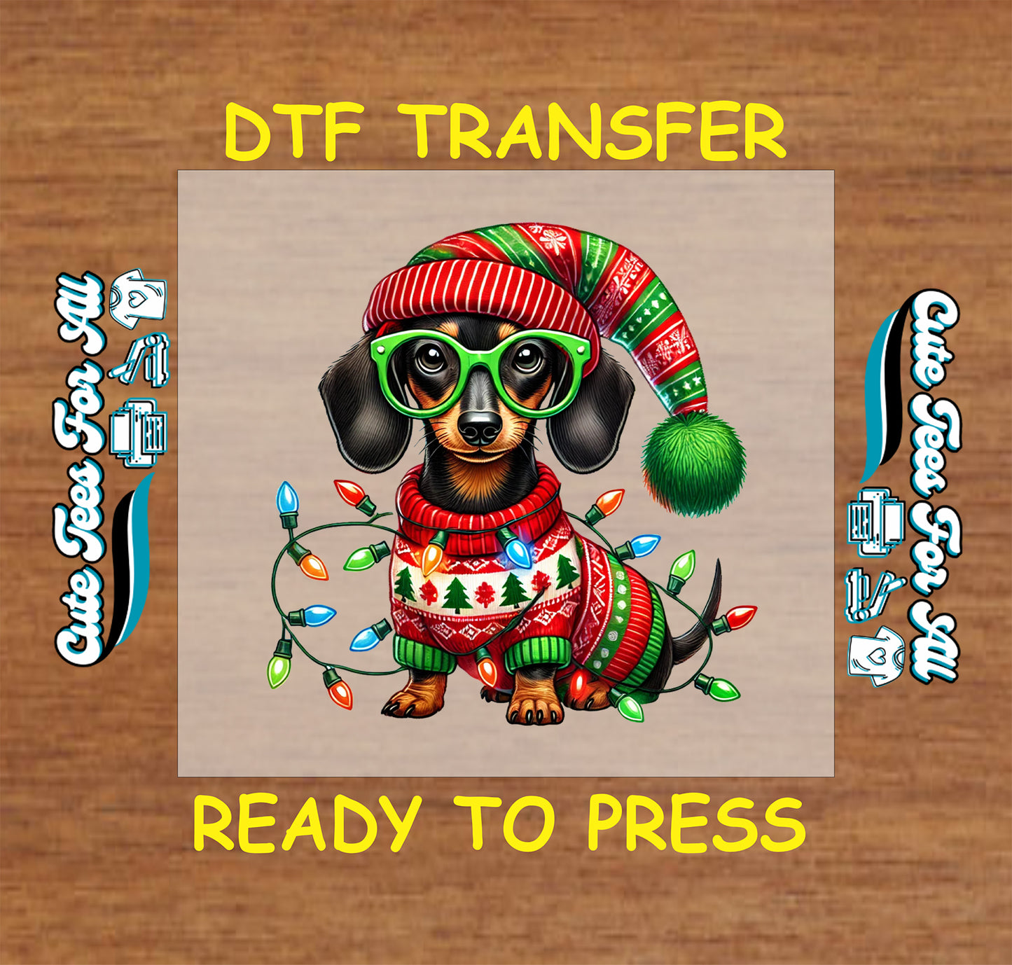 christmas dachshund dog sweater lights ready to press dtf iron on heat transfer