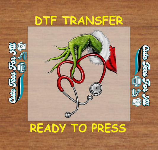 christmas green mischief hand nurse stethoscope ready to press dtf iron on heat transfer