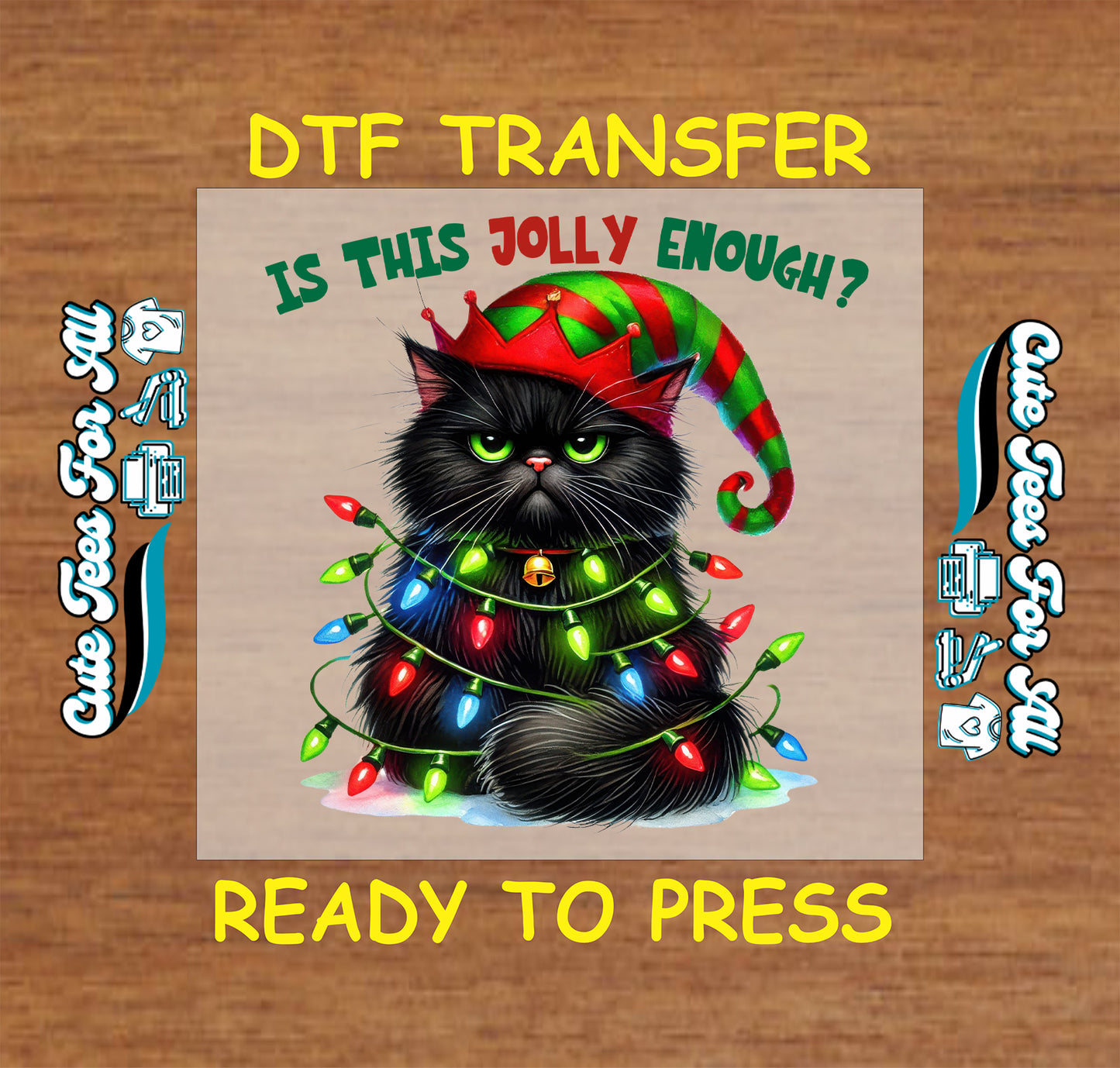 christmas grumpy cat wrapped in lights is this jolly enough ready to press dtf iron on heat transfer