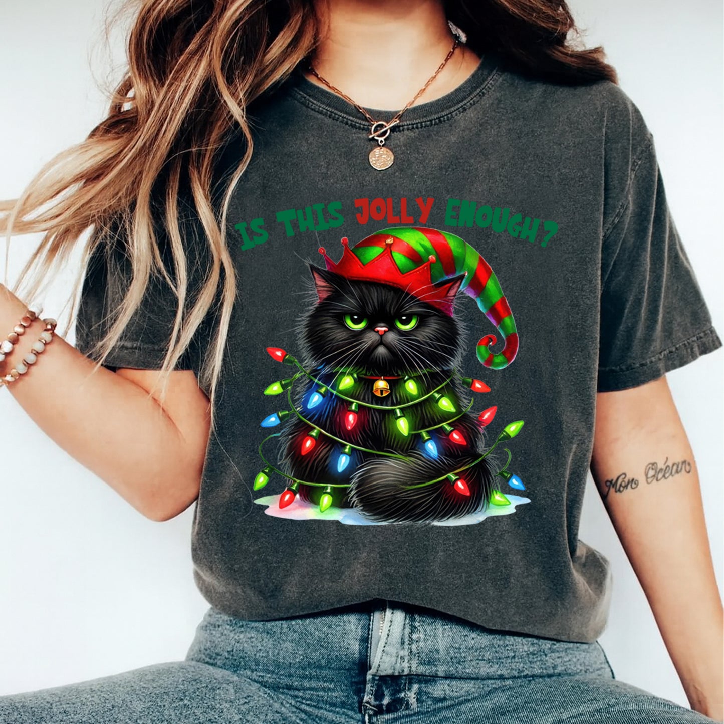 Christmas Grumpy Cat Lights DTF Transfer – Ready to Press Iron On Heat Transfer for DIY Shirts 11954