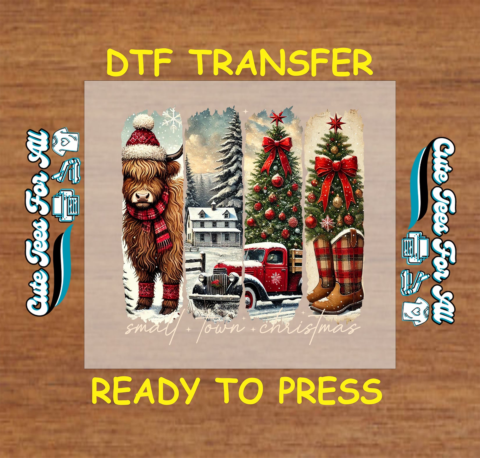 small town christmas highland cow truck tree ready to press dtf transfer iron on heat transfer diy shirts