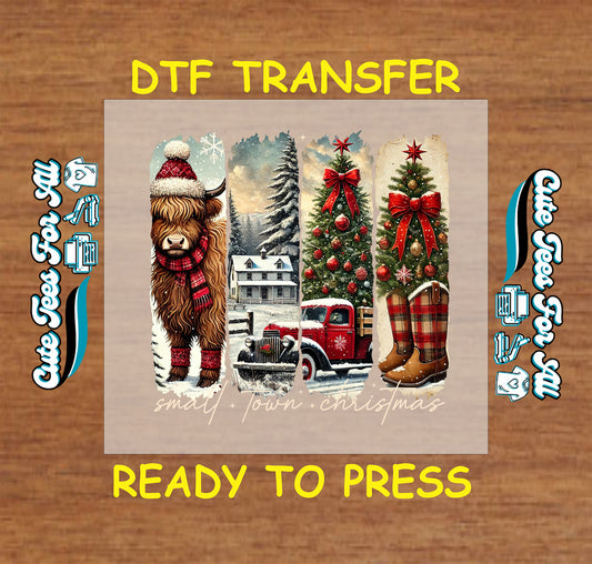 small town christmas highland cow truck tree ready to press dtf transfer iron on heat transfer diy shirts