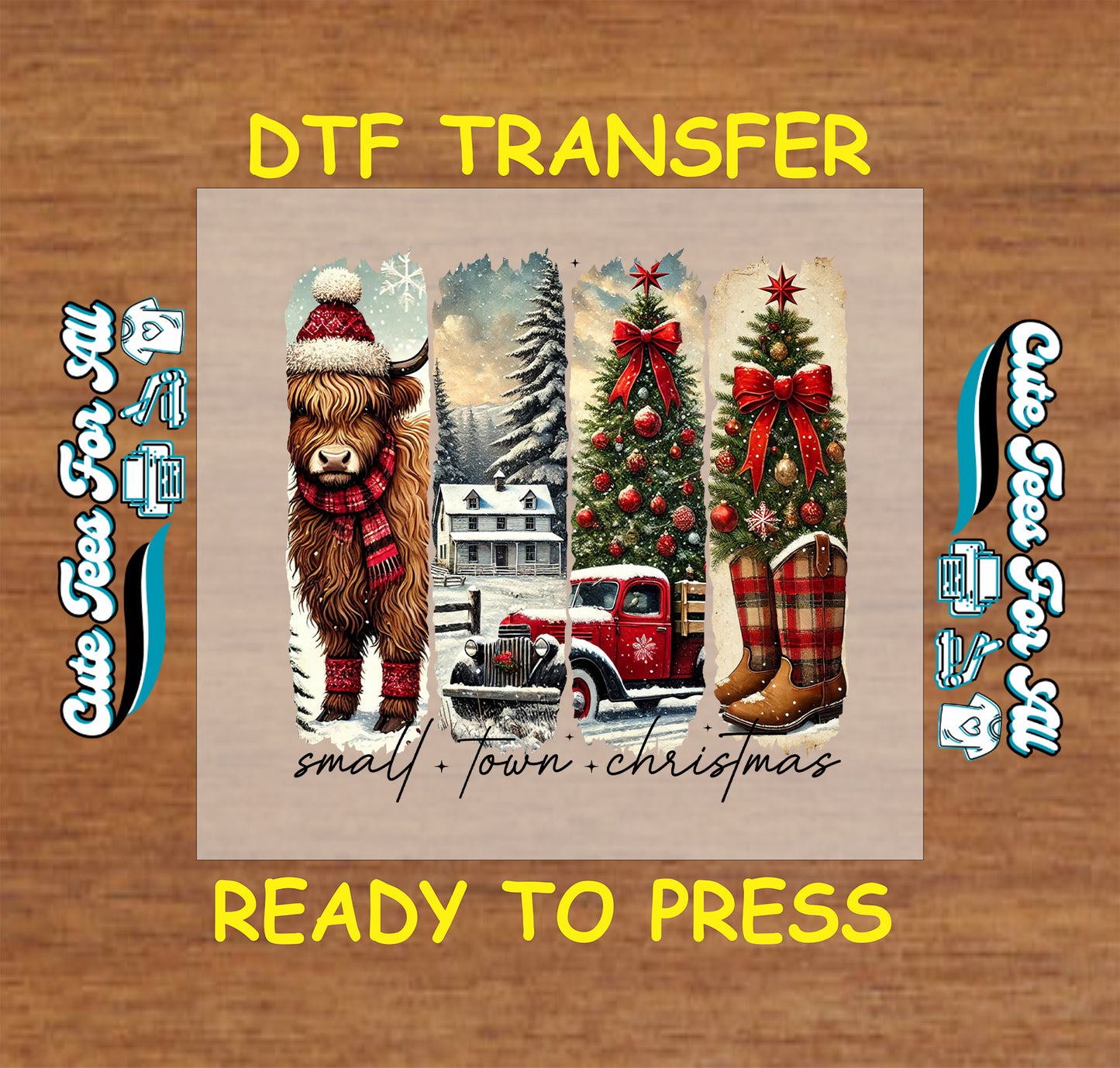 small town christmas cow truck winter boots ready to press dtf transfer iron on heat transfer diy shirts