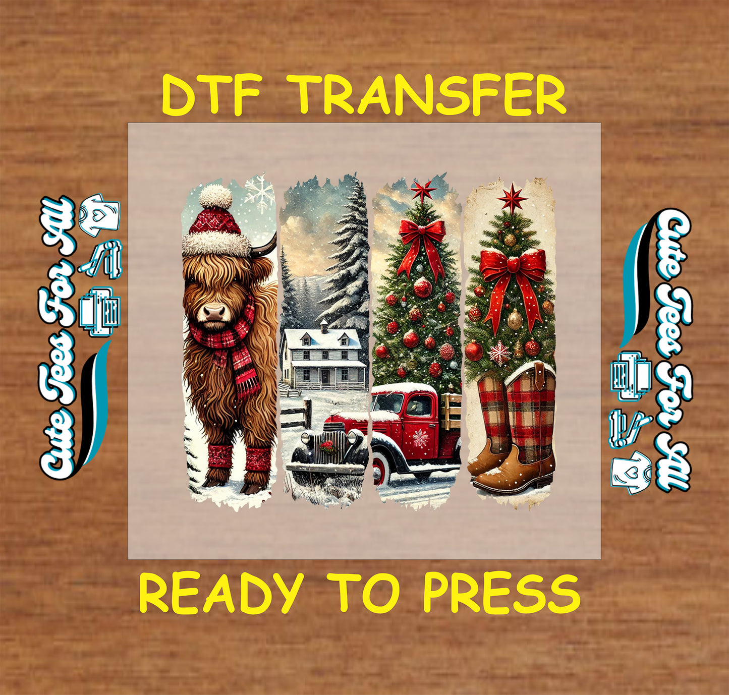 small town christmas highland cow truck tree boots ready to press dtf transfer iron on heat transfer diy shirts