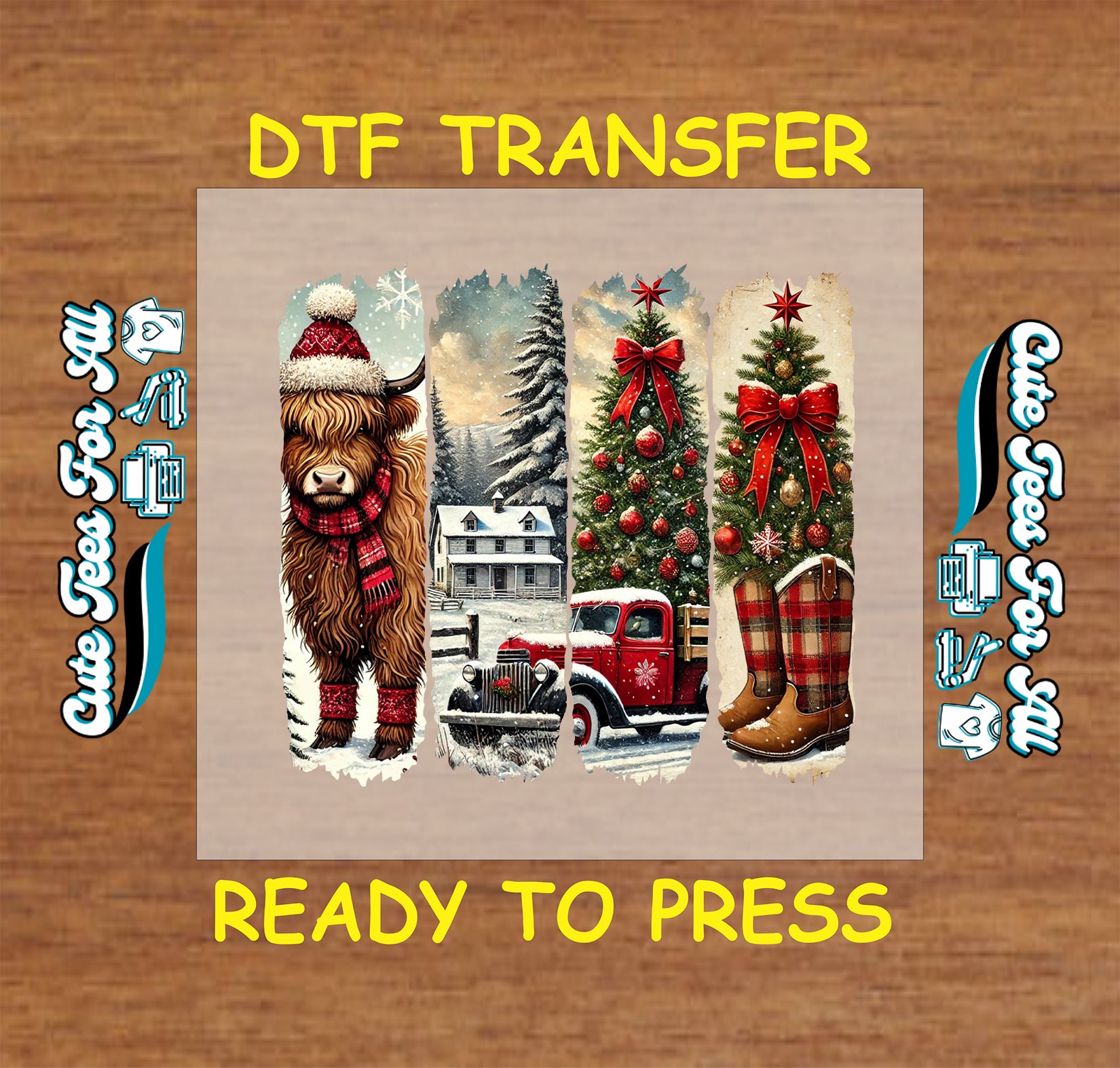 small town christmas highland cow truck tree boots ready to press dtf transfer iron on heat transfer diy shirts